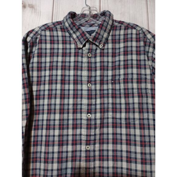 Tommy Hilfiger Shirt Men's Large Red Gray Button Front Long Sleeve - Picture 3 of 9